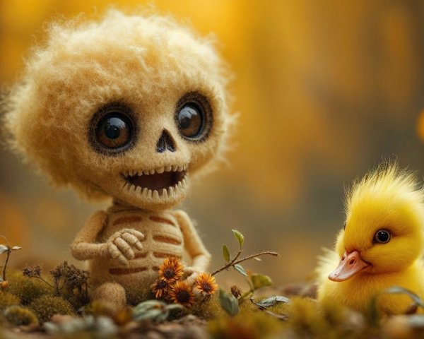 Cheerful Skeleton Doll and Duckling in a Forest Setting
