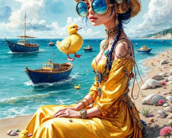Whimsical Beach Scene with Young Woman and Ducklings