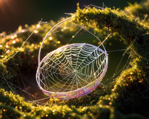 Delicate Spiderweb Resembles Bowl Among Green Moss