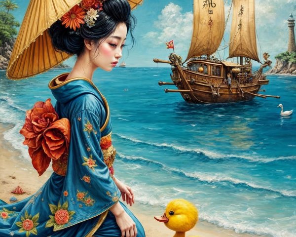 Serene beach scene with woman in kimono and duckling