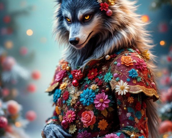 Majestic wolf character in floral gown with glowing backdrop