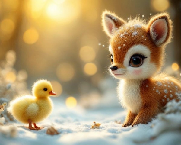 Whimsical Fox and Duckling in Snowy Forest Scene