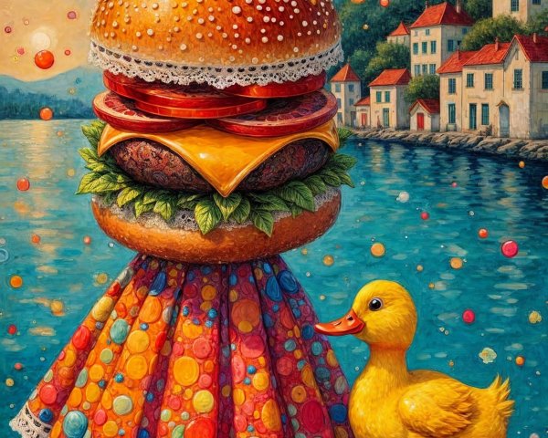 Giant Burger in a Skirt by the Water with a Duck