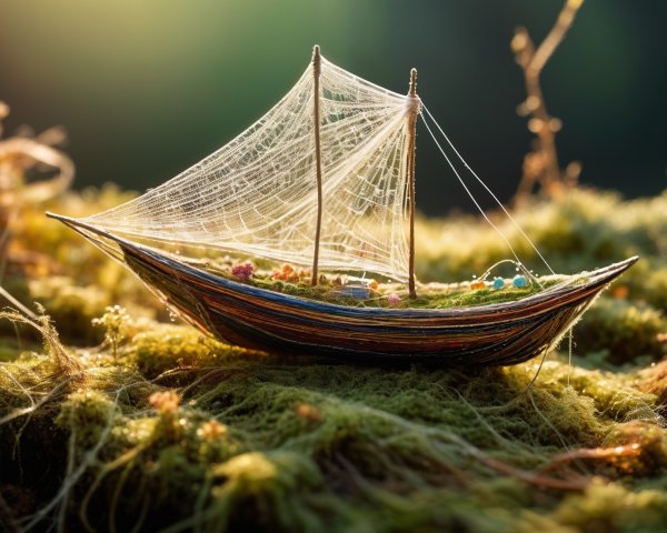 Miniature Boat on Green Moss with Intricate Sails