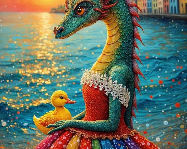 Colorful dragon in ornate dress by tranquil waterfront