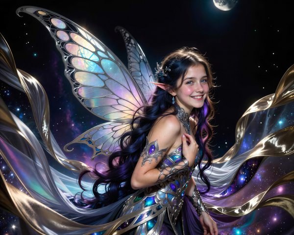 Young female fairy with dark purple hair and wings