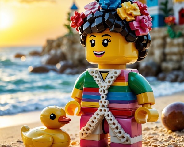 LEGO Figure on Beach with Floral Crown and Sunset
