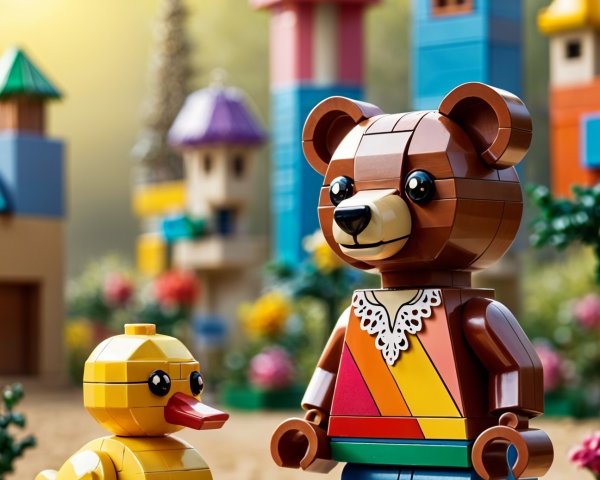 LEGO Bear and Duck in a Colorful Fairytale Scene