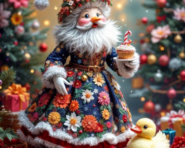 Whimsical Character in Holiday Scene with Duckling