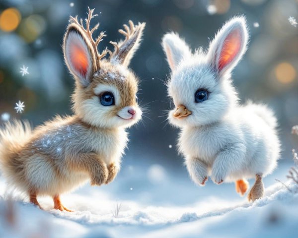 Fluffy Creatures Playing in a Snowy Landscape