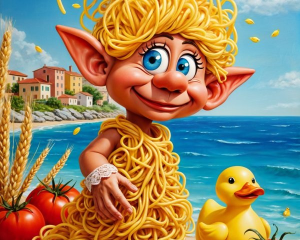 Whimsical Character with Spaghetti Hairstyle at Beach