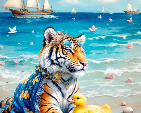 Tiger in Floral Shawl with Duckling on Beach