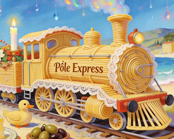 Yellow Pasta Toy Train on Tracks with Christmas Decor