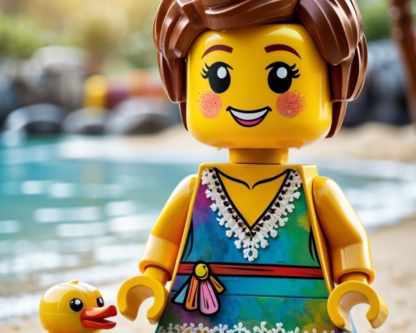 LEGO Figure on Beach with Rubber Duck and Palm Tree