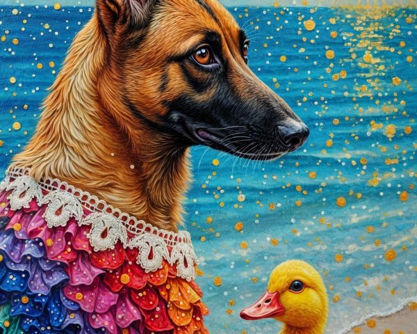 Dog in Rainbow Sweater with Duckling at Beach