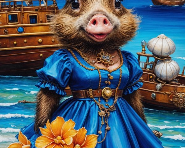 Whimsical Pig in Blue Gown on Beach with Ships