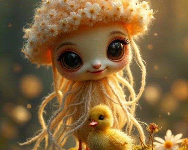 Whimsical Jellyfish Creature and Duckling in Nature