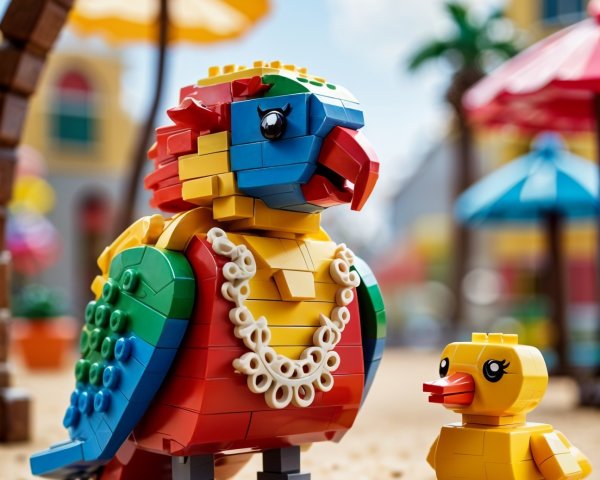 Colorful LEGO Parrot and Duckling in Tropical Scene