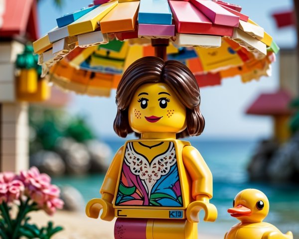 LEGO Beach Scene with Colorful Umbrella and Palm Trees