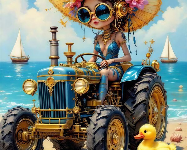 Artwork of a girl in a straw hat on a steampunk tractor