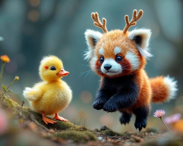 Red Panda and Duckling in a Whimsical Forest Scene
