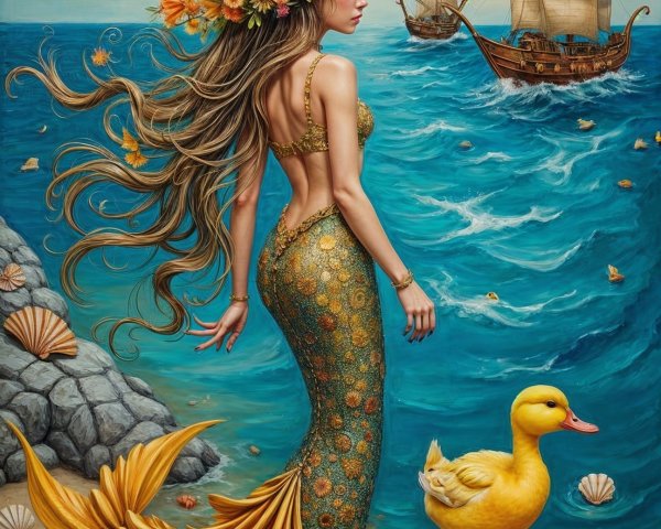 Whimsical Mermaid with Duck on Rocky Shoreline