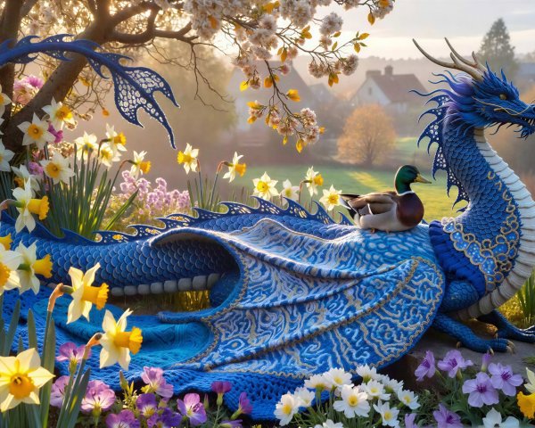 Crochet Dragon Surrounded by Daffodils and Flowers