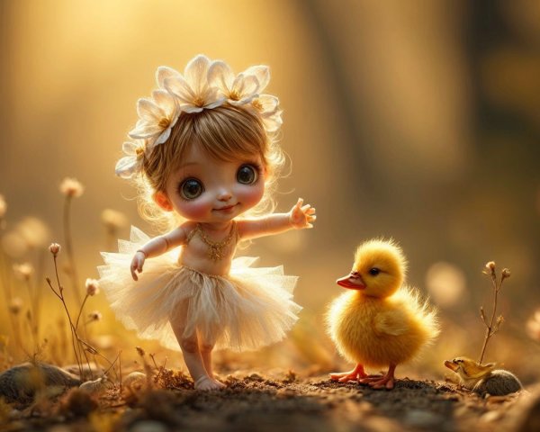 Whimsical Doll with Duckling in Enchanted Forest Scene