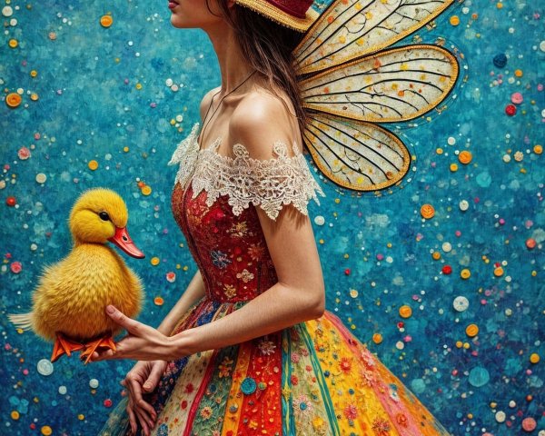 Whimsical Scene of Woman in Colorful Gown and Wings