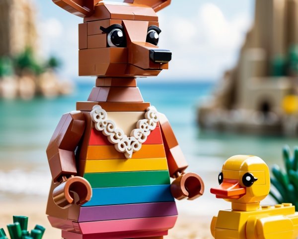 Colorful LEGO Kangaroo and Duck at a Beach Scene