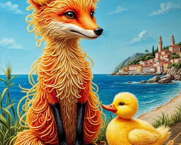 Whimsical Beach Scene with Fox and Duckling