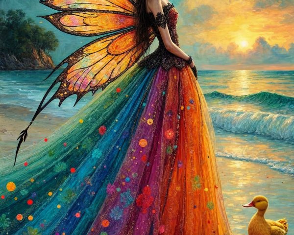 Ethereal figure in floral gown by serene beach sunset