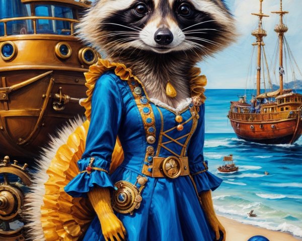 Whimsical raccoon in blue dress at beach scene