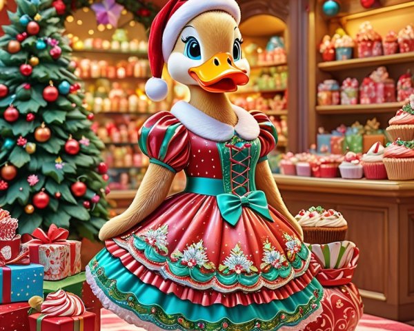 Festive Duck in Christmas Shop with Sweets and Decor