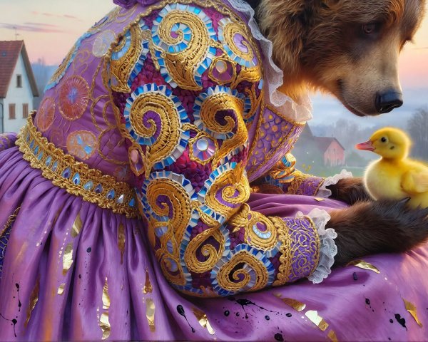 Surrealist Painting of a Bear in Baroque Dress with Duckling