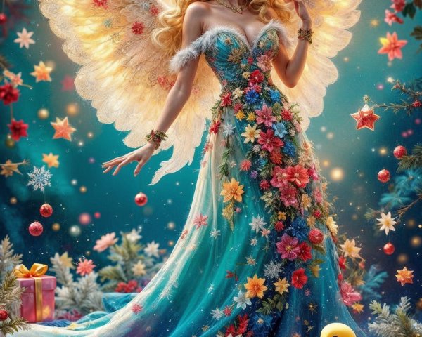 Ethereal figure with wings in vibrant enchanted landscape