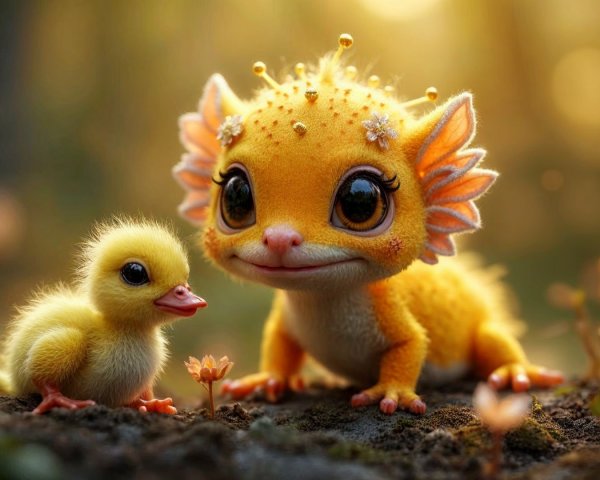 Whimsical Forest Scene with Colorful Creatures and Flowers