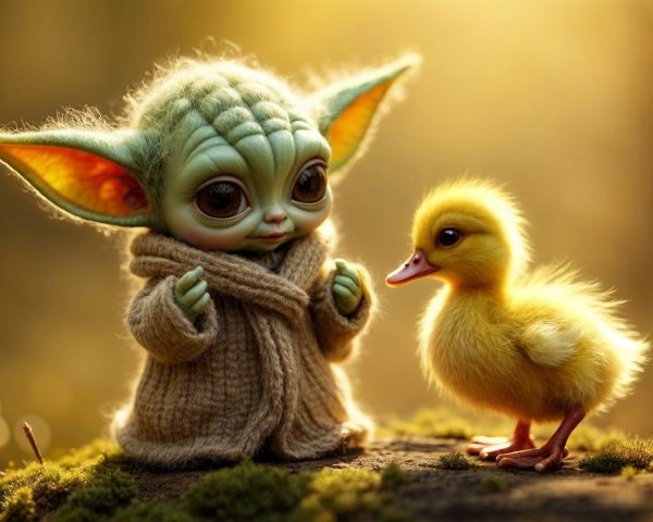 Woodland Scene with Cute Green Character and Duckling