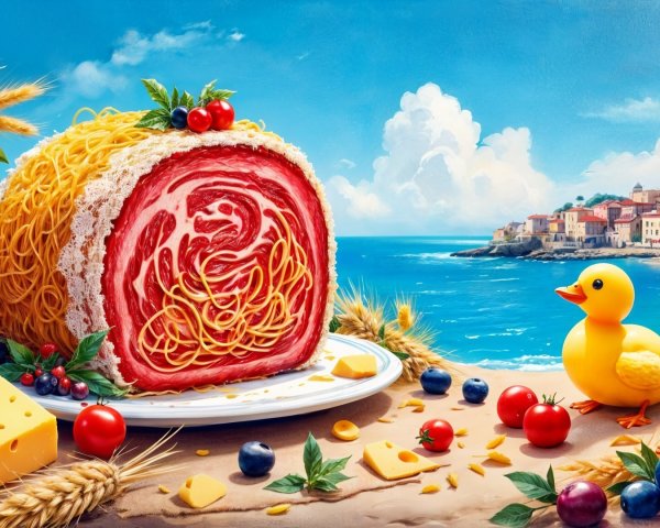 Whimsical Spiral Cake Scene with Seaside Village