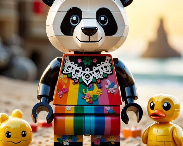Colorful LEGO Panda and Ducks on Sandy Beach Scene