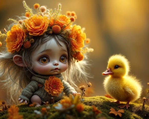 Whimsical Doll with Flowers and Duckling in Nature