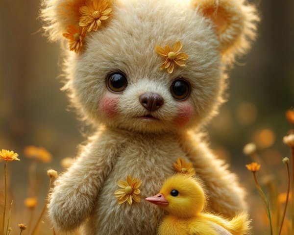 Whimsical Forest Scene with Teddy Bear and Duckling