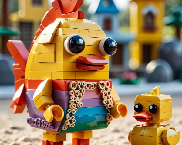 Colorful LEGO Bird and Duck Display in Whimsical Setting