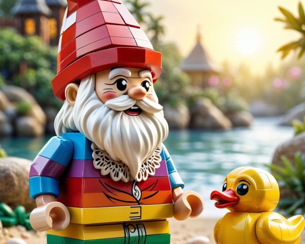 Whimsical LEGO Gnome on Beach with Rubber Duck