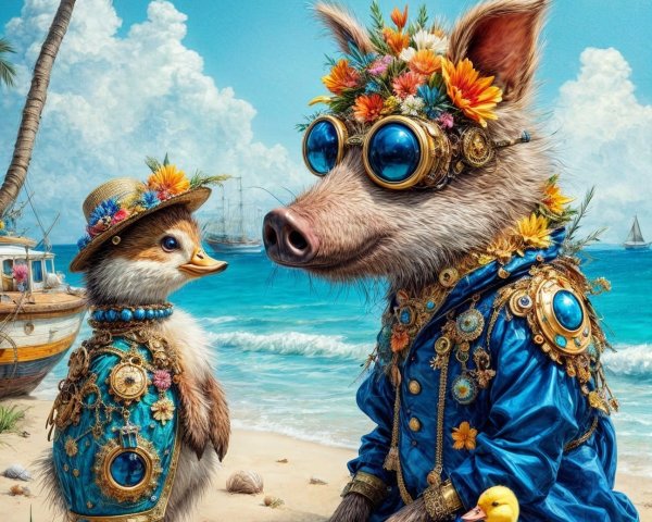 Whimsical Beach Scene with Dressed Pig and Duckling