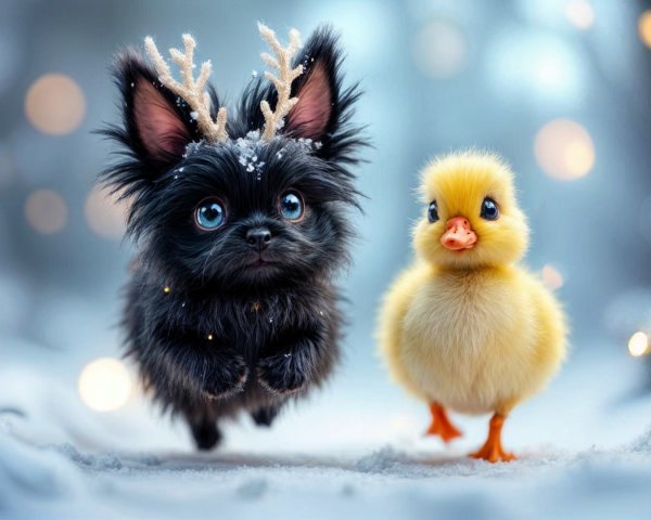 Fluffy Black Puppy and Yellow Duckling in Snowy Scene