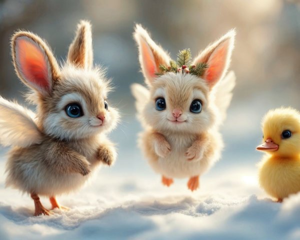 Whimsical Winter Scene with Bunnies and Duckling