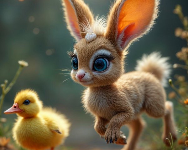 Whimsical Scene of Rabbit and Duckling in Meadow