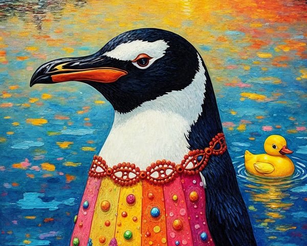 Surreal Artwork of a Penguin by Colorful Waterfront