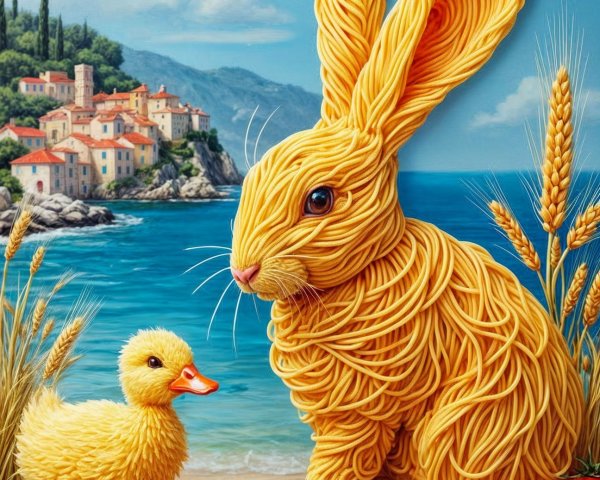 Whimsical Pasta Rabbit by Seaside with Duckling